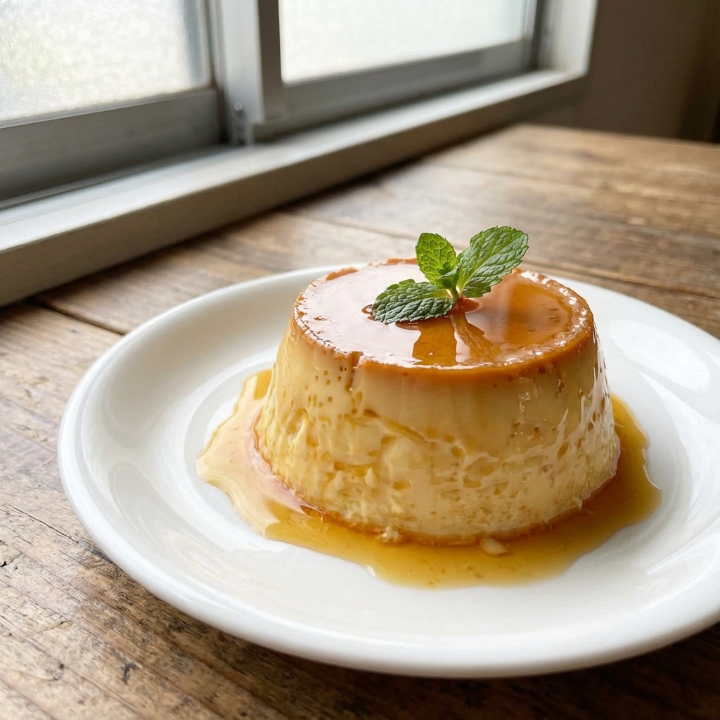 Delicioso flan con caramelo y menta